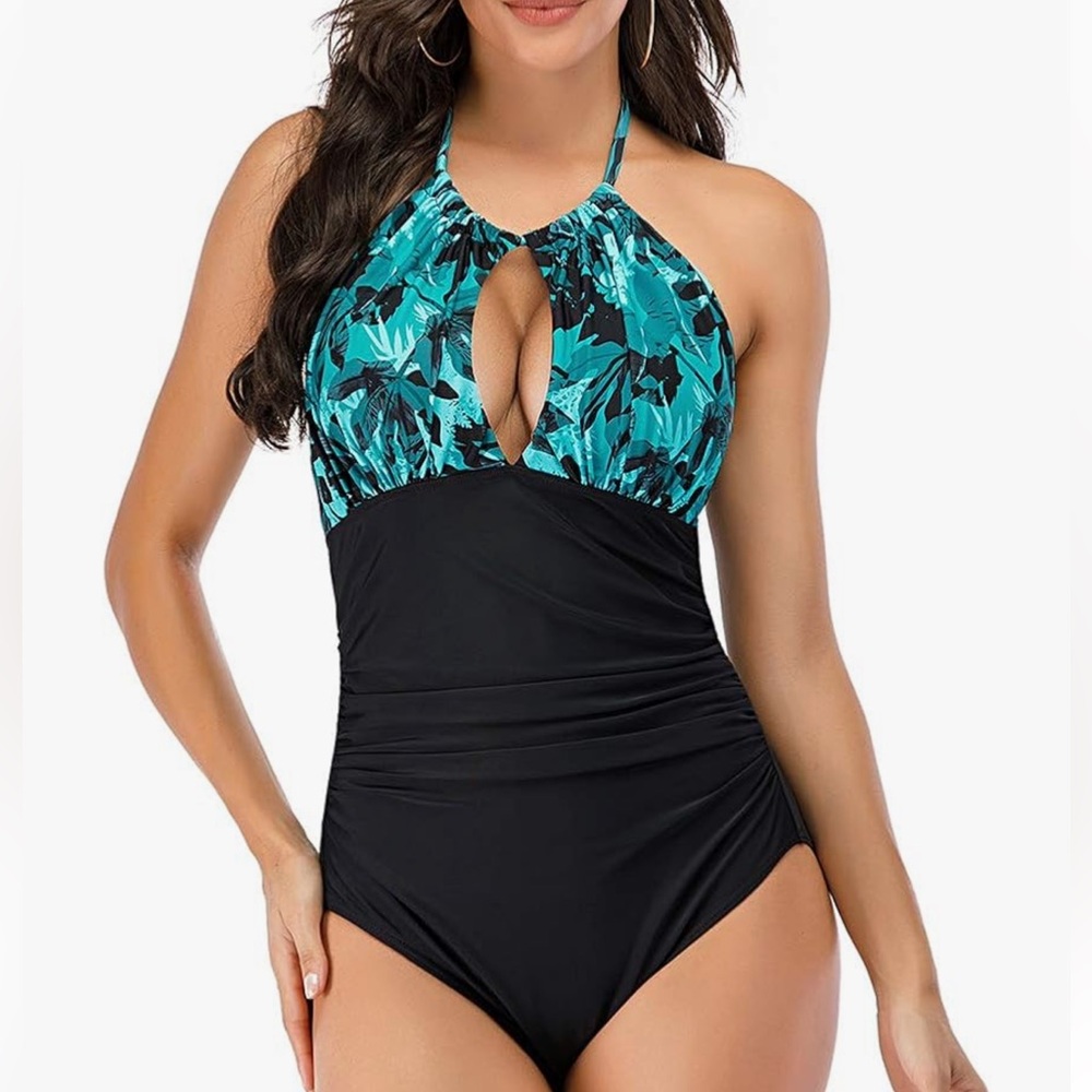 Women's Black and Teal Halter Swimsuit